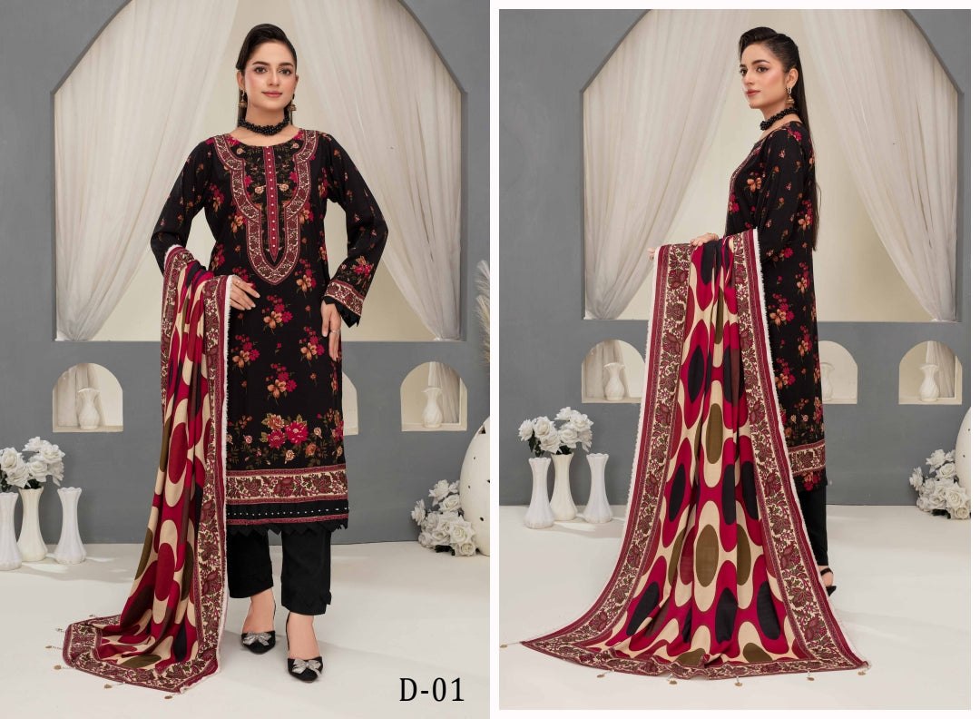 Elegant Floral 3-Piece Digital Print Unstitched Grid Linen Suit D-01