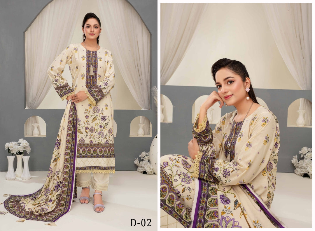Elegant Floral 3-Piece Digital Print Unstitched Grid Linen Suit D-02