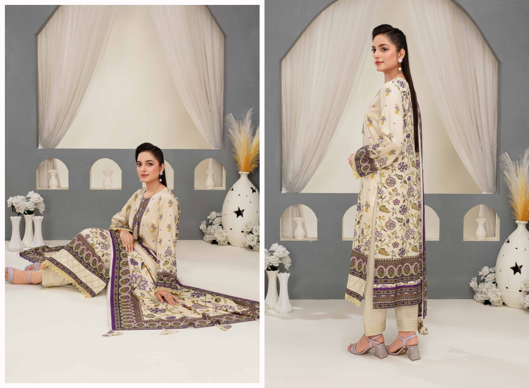 Elegant Floral 3-Piece Digital Print Unstitched Grid Linen Suit D-02