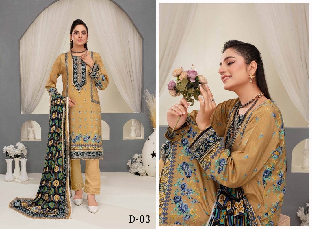 Elegant Floral 3-Piece Digital Print Unstitched Grid Linen Suit D-03