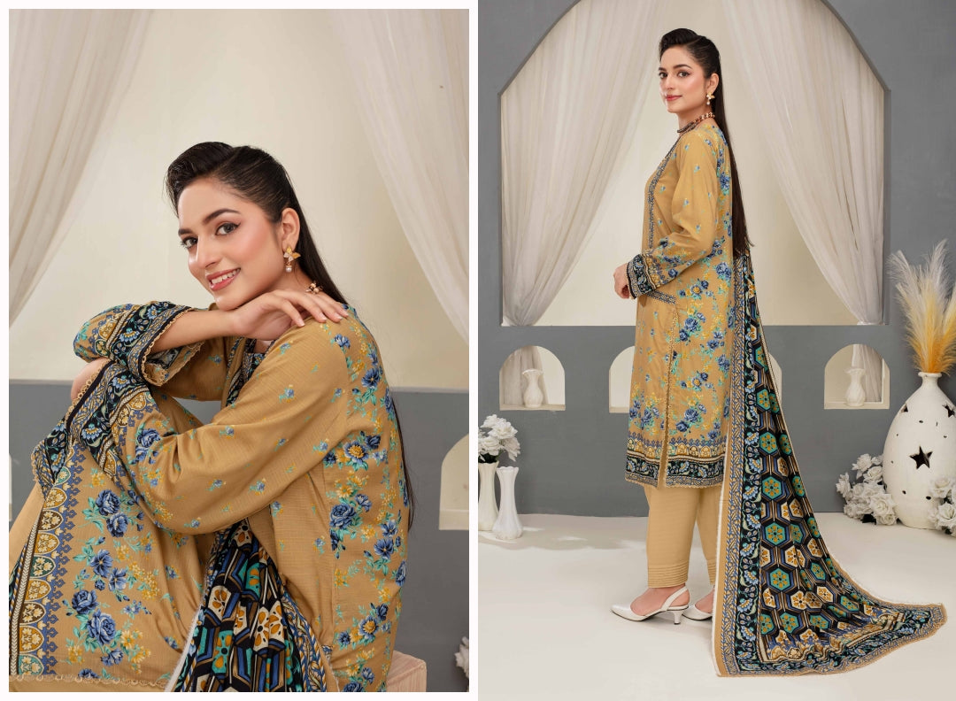 Elegant Floral 3-Piece Digital Print Unstitched Grid Linen Suit D-03