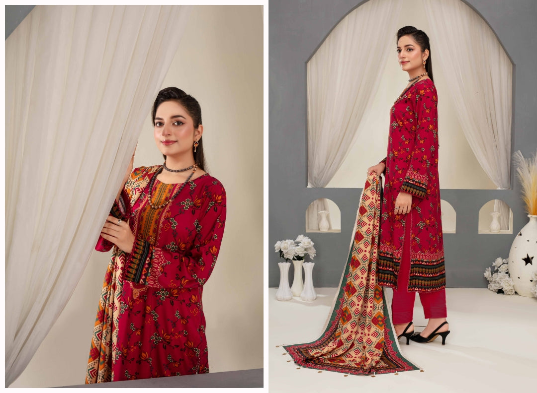 Elegant Floral 3-Piece Digital Print Unstitched Grid Linen Suit D-04