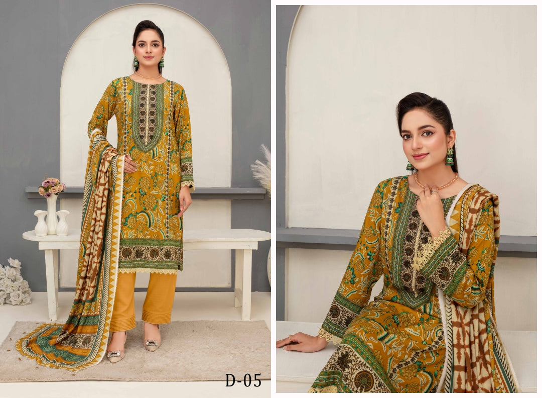Elegant Floral 3-Piece Digital Print Unstitched Grid Linen Suit D-05