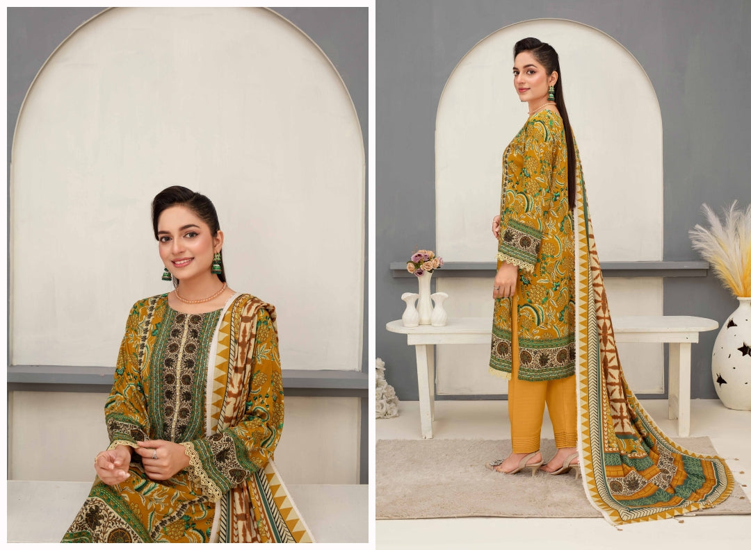 Elegant Floral 3-Piece Digital Print Unstitched Grid Linen Suit D-05