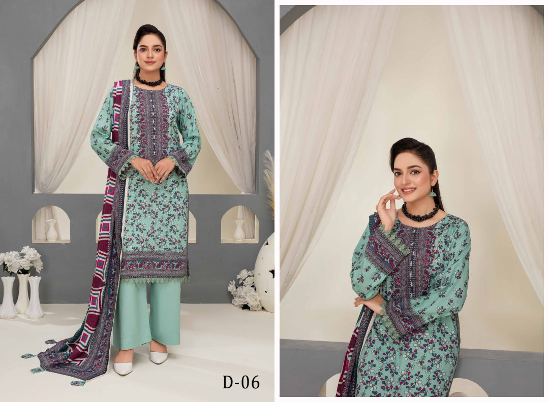 Elegant Floral 3-Piece Digital Print Unstitched Grid Linen Suit D-06