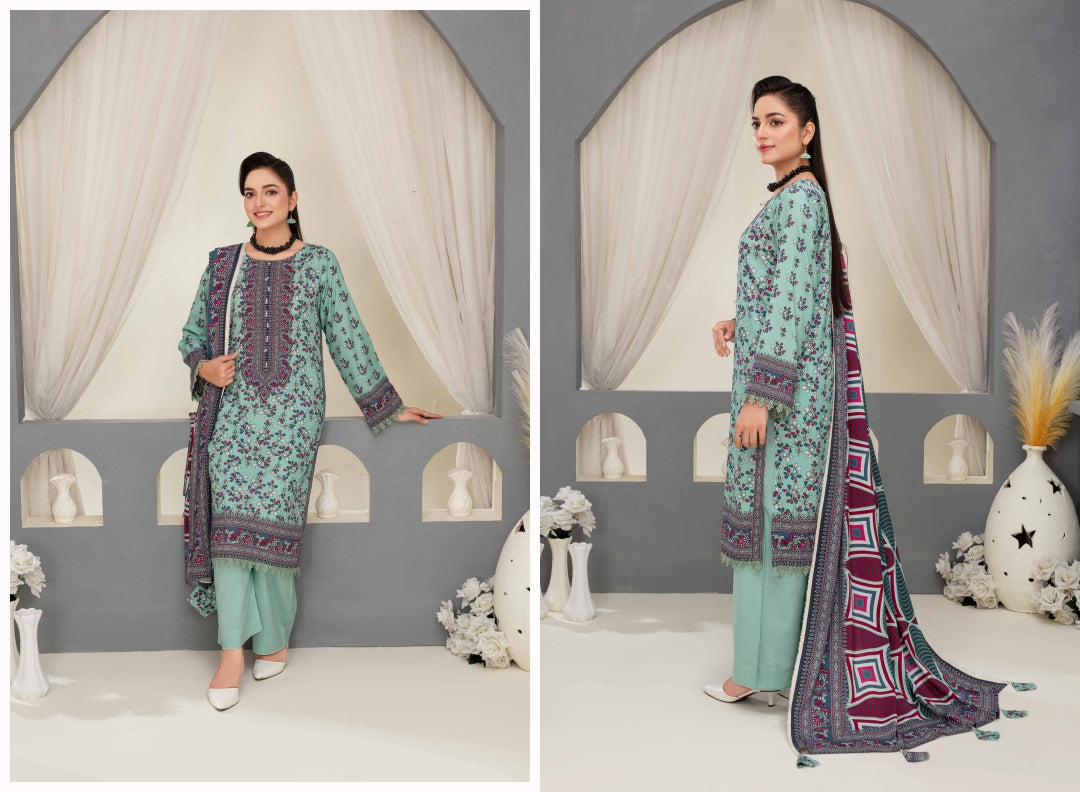 Elegant Floral 3-Piece Digital Print Unstitched Grid Linen Suit D-06