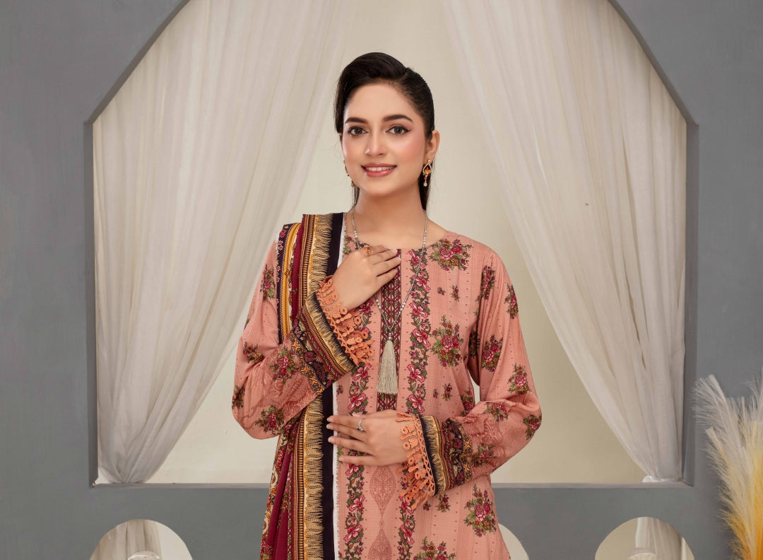 Elegant Floral 3-Piece Digital Print Unstitched Grid Linen Suit D-08