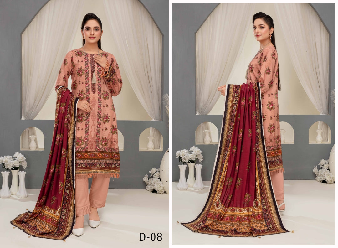 Elegant Floral 3-Piece Digital Print Unstitched Grid Linen Suit D-08