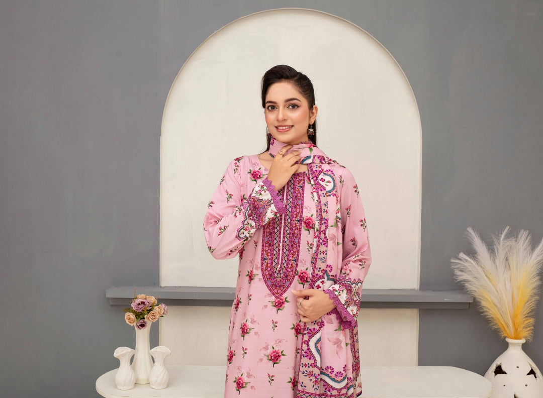 Elegant Floral 3-Piece Digital Print Unstitched Grid Linen Suit D-09