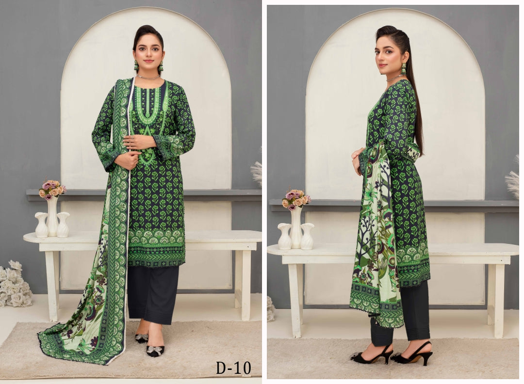 Elegant Floral 3-Piece Digital Print Unstitched Grid Linen Suit D-10