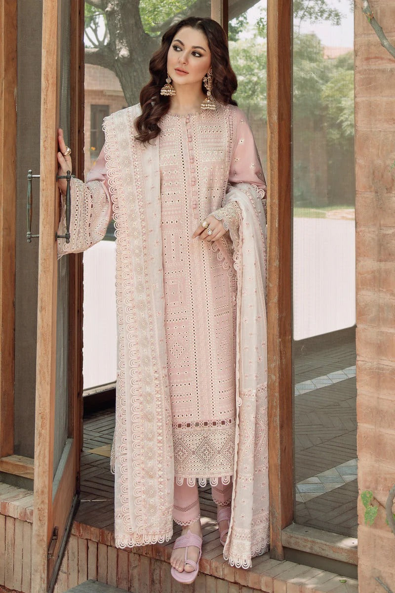 JAZMIN-3PC LAWN LASERCUT EMBROIDERED SHIRT WITH MONARK EMBROIDERED DUPATTA AND TROUSER