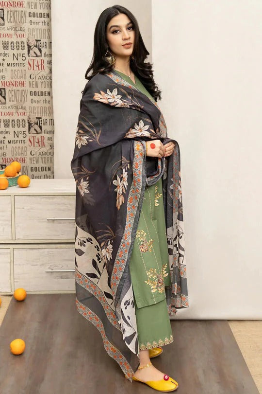 3 Piece Unstitched Heavy Embroidered Dhanak Suit with Printed Woolen Shawl