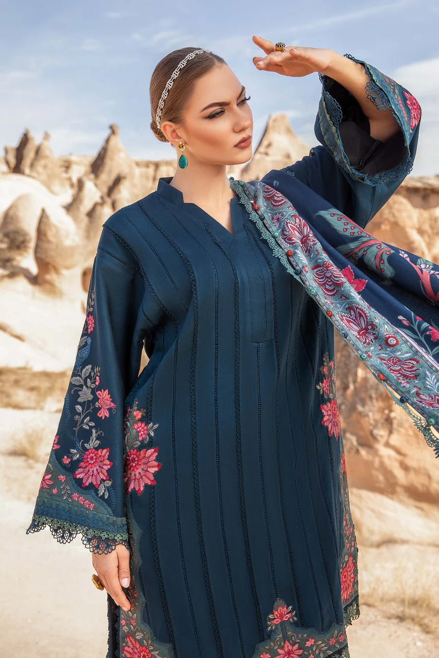 MARIA B - 3PC DHANAK EMBROIDERED SHIRT WITH COUTURE PRINT SHAWL AND TROUSER