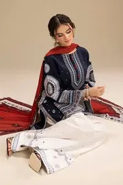 3PC DHANAK EMBROIDERED SHIRT WITH CORTRAI WOOL PRINTED SHAWL AND EMB TROUSER