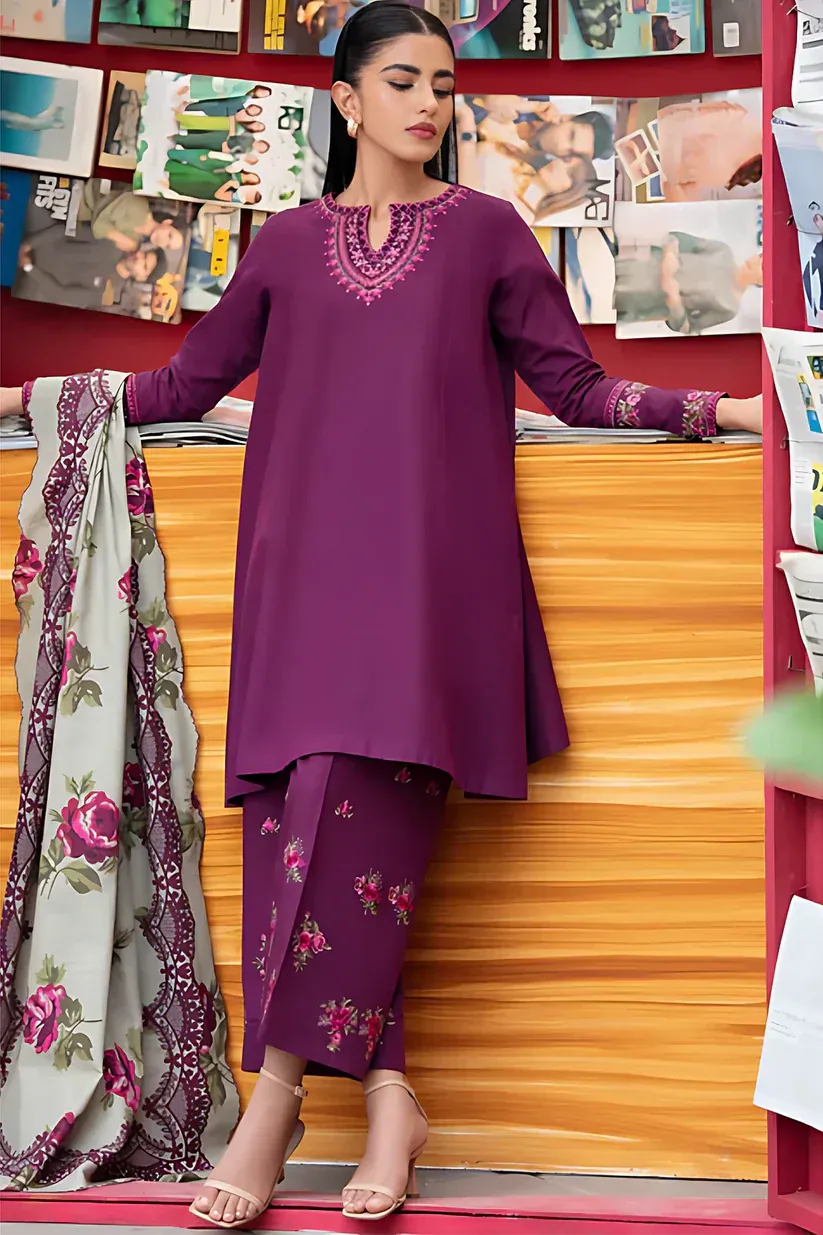 SAPPHIRE - 3PC DHANAK EMBROIDERED SHIRT WITH COUTURE WOOL PRINT SHAWL AND EMB TROUSER-BIC