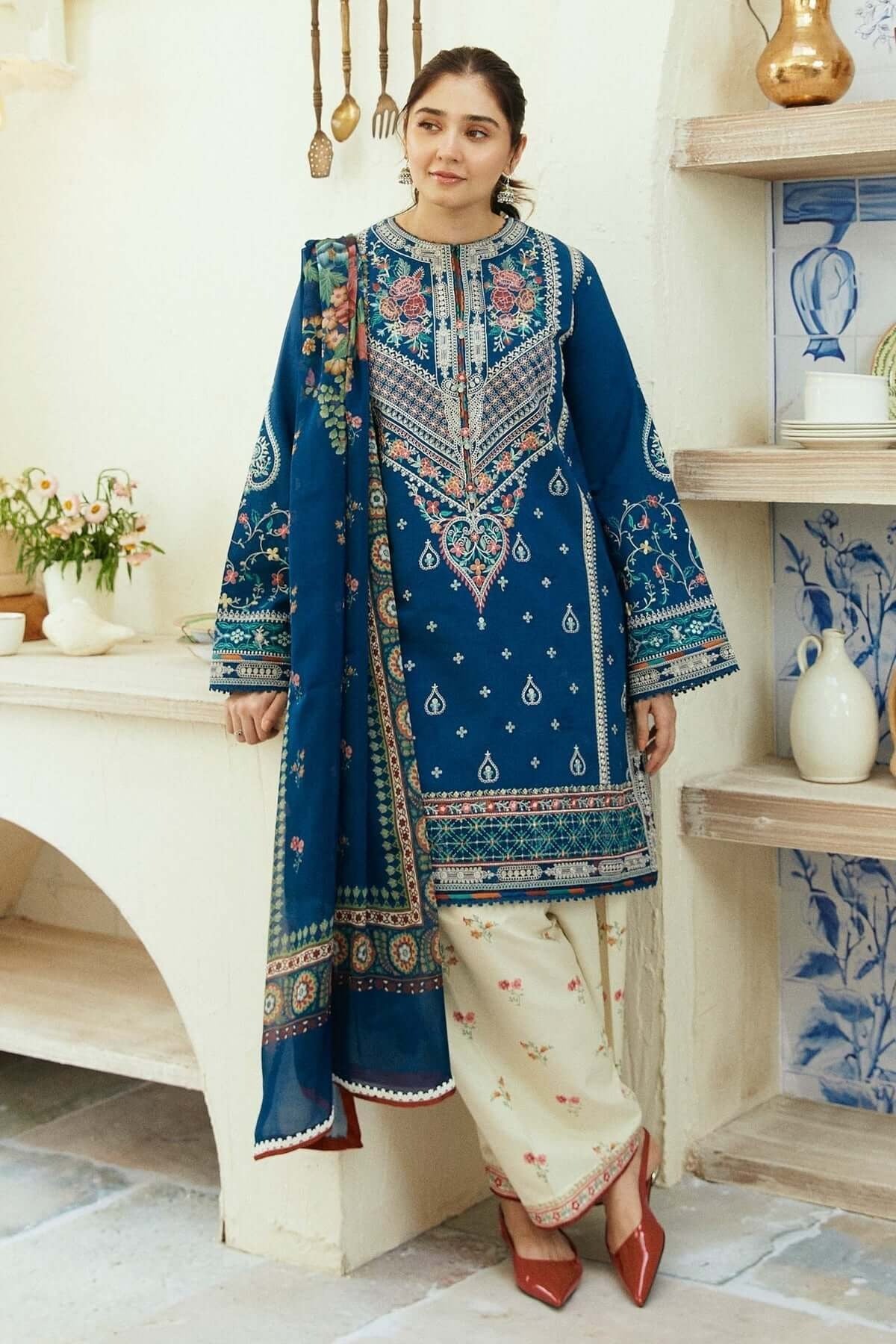 Dhanak Embroidered Shirt Dhanak Embroidered Sleeves Couture Wool Print Shawl Dyed Dhanak Trouser Unstitched 3PC Dress