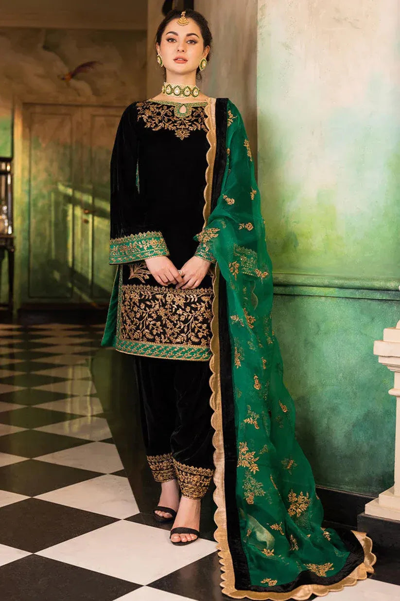 Unstitched 3PCs Embroidered Velvet With Organza Dopata