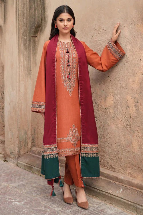 3 Piece Unstitched Heavy Embroidered Dhanak Suit with Printed Woolen Shawl