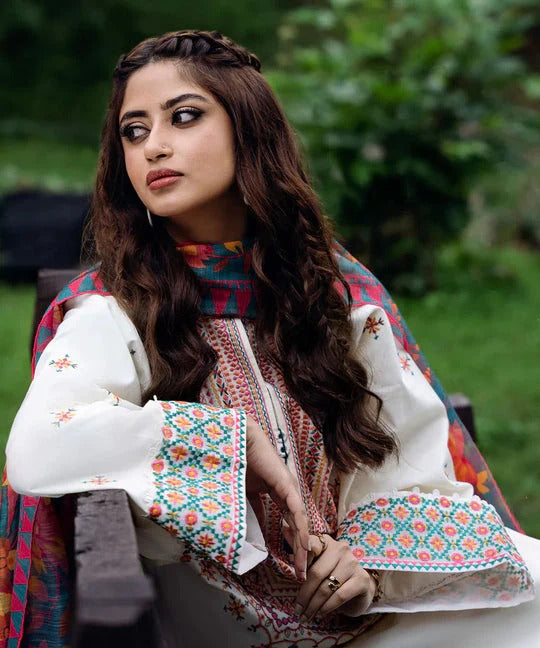 3 Piece Unstitched Heavy Embroidered Dhanak Suit with Printed Woolen Shawl