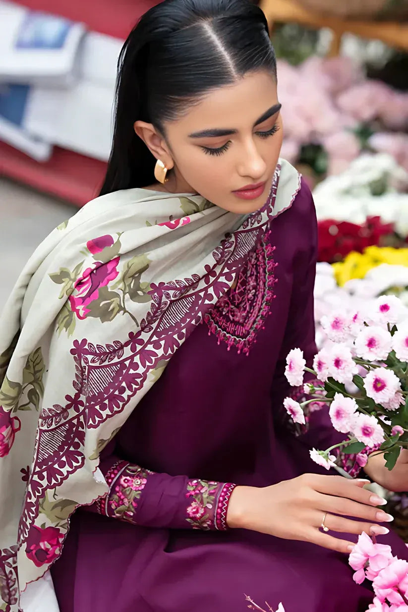 SAPPHIRE - 3PC DHANAK EMBROIDERED SHIRT WITH COUTURE WOOL PRINT SHAWL AND EMB TROUSER-BIC