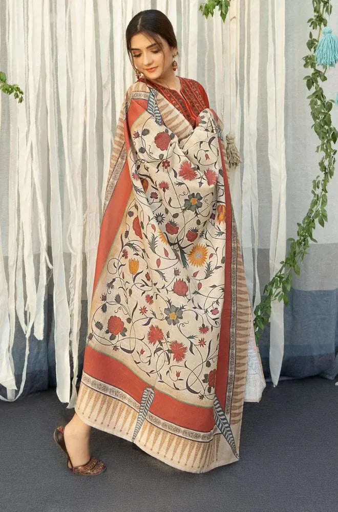 URGE - 3PC DHANAK EMBROIDERED SHIRT WITH COUTURE WOOL PRINT SHAWL AND TROUSER