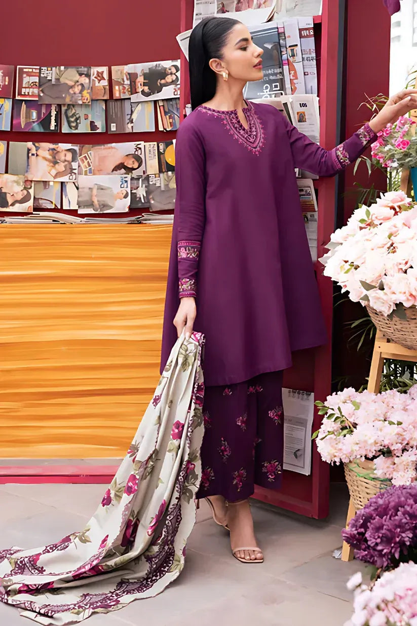 SAPPHIRE - 3PC DHANAK EMBROIDERED SHIRT WITH COUTURE WOOL PRINT SHAWL AND EMB TROUSER-BIC