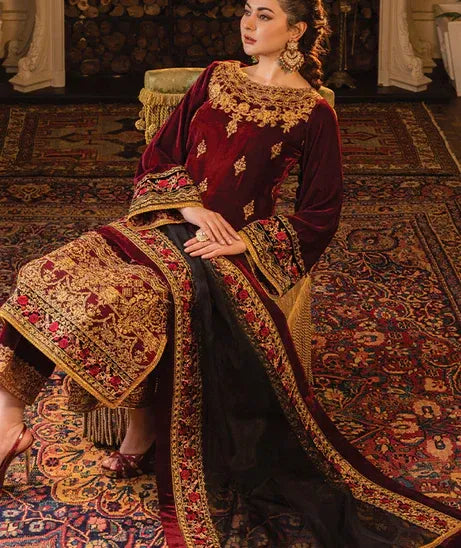 Unstitched 3PCs Embroidered Velvet With Organza Dopata